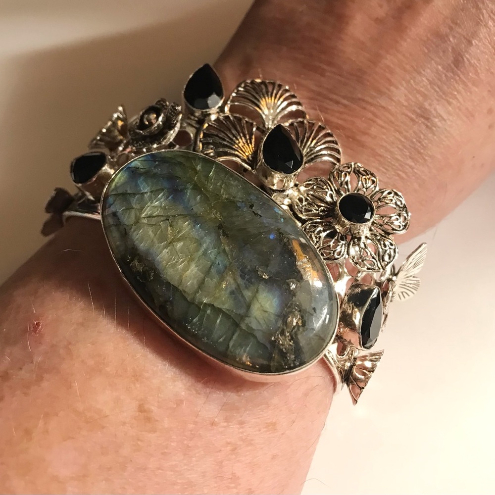 Black Onyx Labradorite Stamped Solid 925 Sterling Silver Cuff Bracelet